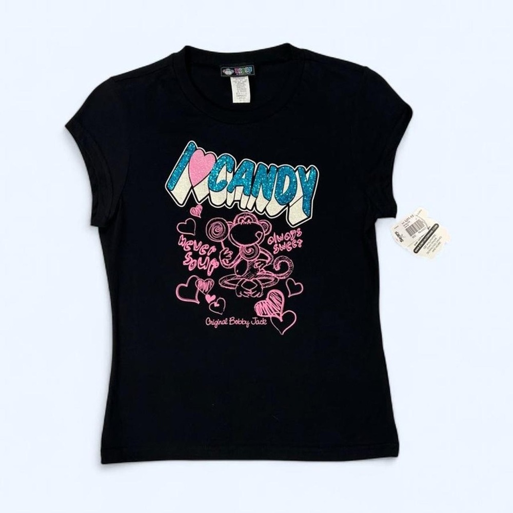 Vintage Y2K Kidcore NEW Bobby Jack Black Sparkle Graphic Baby Tee